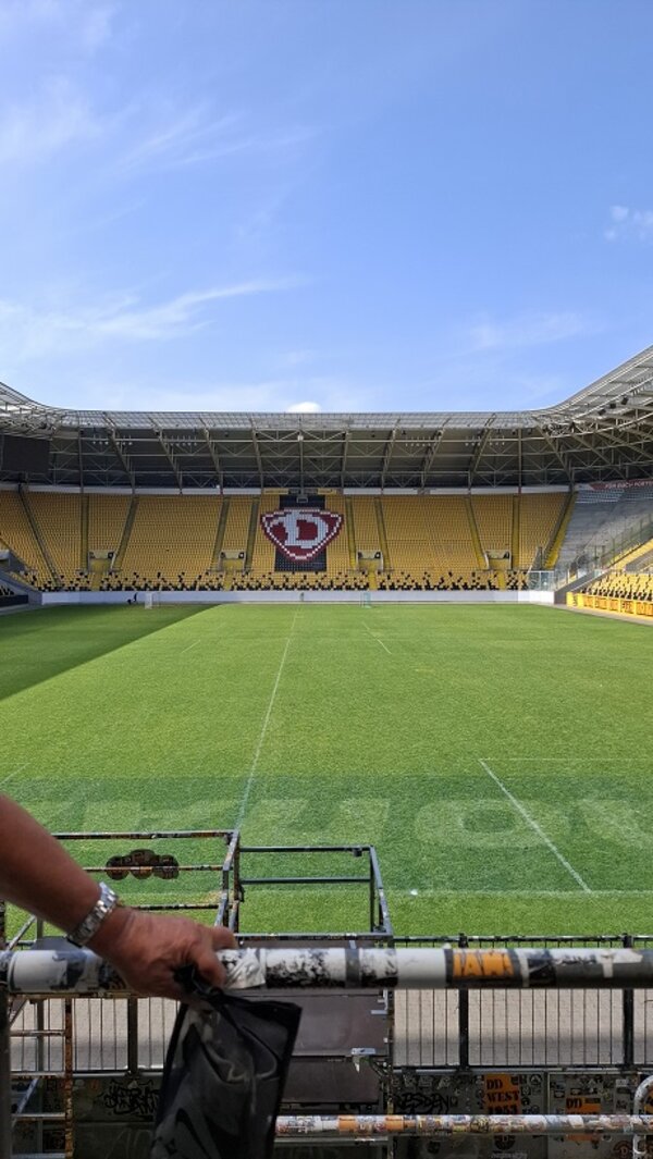 Weitwinkelaufnahme des Spielfelds des Rudolf-Harbig-Stadions mit leeren, gelb-schwarzen Tribünen und dem Dynamo-D-Logo auf den Sitzreihen – beeindruckender Ausblick über das gesamte Stadion.