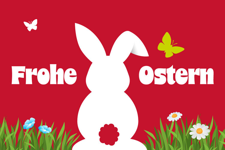 Das Bild zeigt einen roten Hintergrund mit der weißen Silhouette eines Osterhasen von hinten. Der Schriftzug „Frohe Ostern“ ist in Weiß geschrieben. Schmetterlinge und Blumen umgeben den Hasen und verleihen dem Bild eine festliche und frühlingshafte Atmosphäre.