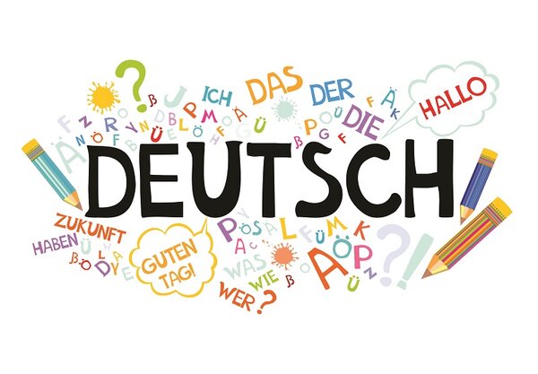 Bunt gestaltetes Deutsch-Lernmotiv mit dem Wort ‚Deutsch‘ in großer schwarzer Schrift, umgeben von farbenfrohen Buchstaben, deutschen Wörtern wie ‚Hallo‘, ‚Guten Tag‘ und ‚Zukunft‘ sowie Zeichnungen von Buntstiften und Sprechblasen – Symbolgrafik für Deutschlernen und Sprachunterricht.