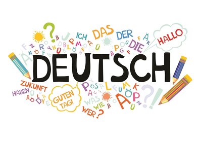 Bunt gestaltetes Deutsch-Lernmotiv mit dem Wort ‚Deutsch‘ in großer schwarzer Schrift, umgeben von farbenfrohen Buchstaben, deutschen Wörtern wie ‚Hallo‘, ‚Guten Tag‘ und ‚Zukunft‘ sowie Zeichnungen von Buntstiften und Sprechblasen – Symbolgrafik für Deutschlernen und Sprachunterricht.