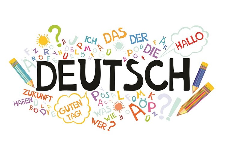 Bunt gestaltetes Deutsch-Lernmotiv mit dem Wort ‚Deutsch‘ in großer schwarzer Schrift, umgeben von farbenfrohen Buchstaben, deutschen Wörtern wie ‚Hallo‘, ‚Guten Tag‘ und ‚Zukunft‘ sowie Zeichnungen von Buntstiften und Sprechblasen – Symbolgrafik für Deutschlernen und Sprachunterricht.