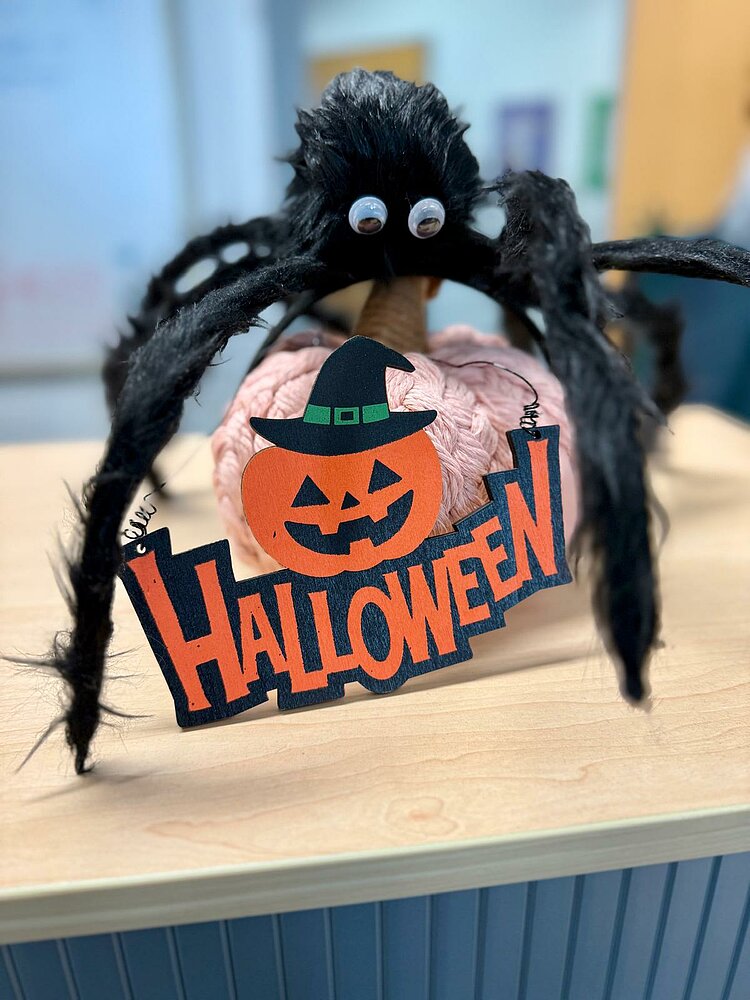Auf einem Tisch steht eine rosafarbene, gestrickte Kürbisdekoration mit einer großen, schwarzen Kunstspinne darauf. Die Spinne hält ein Schild mit einem lachenden Kürbisgesicht und der Aufschrift „Halloween“.