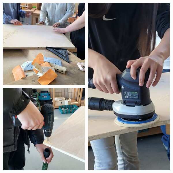 Collage aus drei Fotos: Mehrere Jugendliche bearbeiten gemeinsam eine große Holzplatte in der Werkstatt, im Vordergrund liegen Schleifklötze und Winkel; daneben eine Nahaufnahme von Händen, die mit einem Akkuschrauber Löcher in eine Holzplatte bohren, und eine weitere Nahaufnahme von Händen, die mit einem Exzenterschleifer eine Holzoberfläche schleifen.