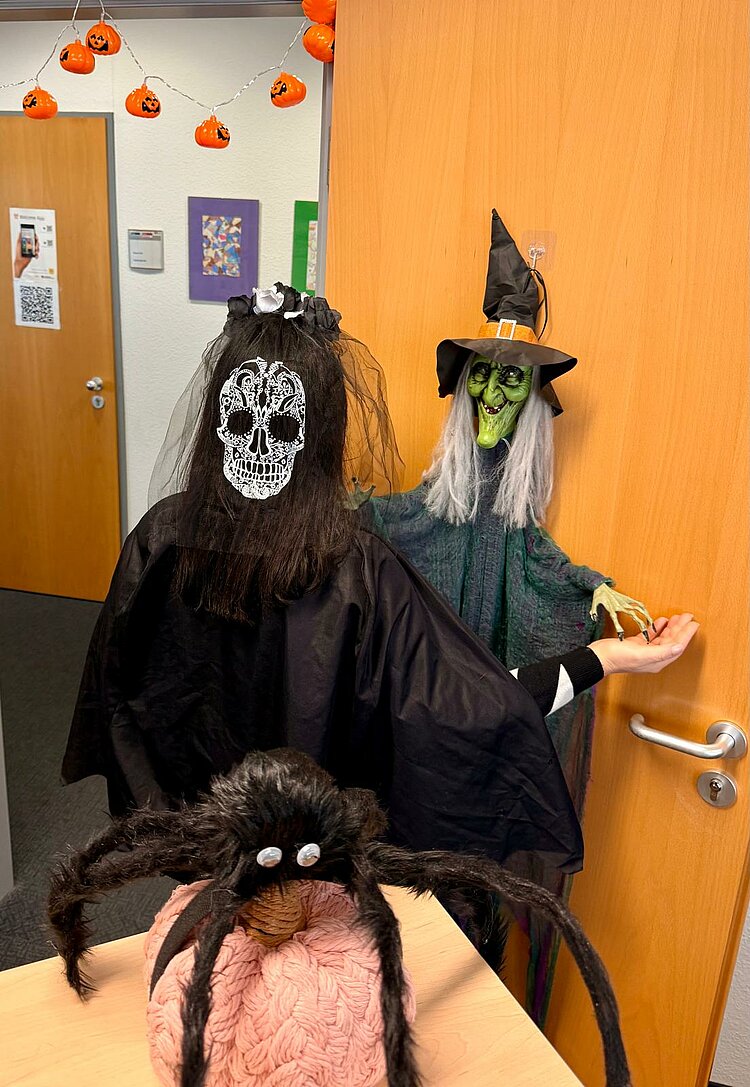 Eine schwarz gekleidete Person mit Totenkopfmaske steht vor einer Tür, neben ihr hängt eine grüne Hexendekoration mit Hut. Im Vordergrund ist erneut die Spinne auf dem rosa Kürbis zu sehen.