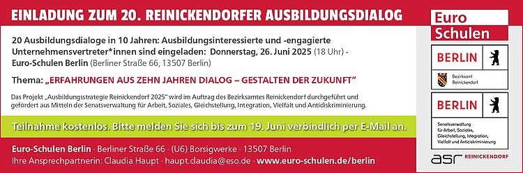 Einladung zum 20. Reinickendorfer Ausbildungsdialog Einladung zum 20. Reinickendorfer Ausbildungsdialog