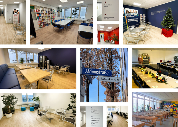 Bildcollage mit mehreren Fotos von Räumen, Fluren, Beschilderungen, Aufenthaltsbereichen, einem Straßenschild und einem Werkraum des Standorts in der Atriumstraße.
