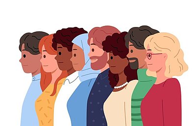Illustration einer Gruppe von sieben Menschen unterschiedlicher Hautfarben, Haarfarben und Frisuren, die seitlich nebeneinanderstehen und nach rechts schauen. Die Kleidung und Kopfbedeckungen sind vielfältig und spiegeln kulturelle Vielfalt wider.