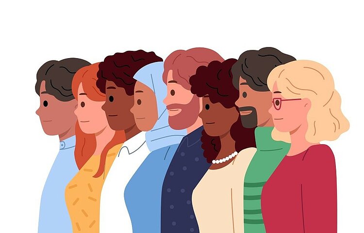 Illustration einer Gruppe von sieben Menschen unterschiedlicher Hautfarben, Haarfarben und Frisuren, die seitlich nebeneinanderstehen und nach rechts schauen. Die Kleidung und Kopfbedeckungen sind vielfältig und spiegeln kulturelle Vielfalt wider.