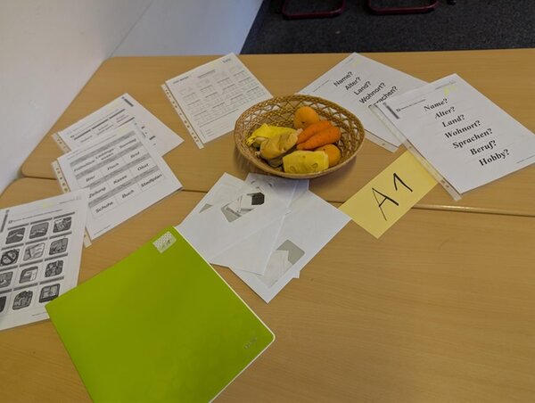 Auf einem hellen Holztisch liegen mehrere Blätter mit Text und Symbolen, ein gelbes Heft, ein gelber Zettel mit der Aufschrift 'A1' sowie ein geflochtener Korb mit gelben und orangefarbenen Paprikastücken. Die Blätter sind teilweise mit Tabellen, Listen und Piktogrammen bedruckt. Im Hintergrund ist eine weiße Wand zu sehen.