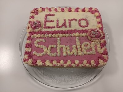 Rechteckige, selbst gebackene Torte eines Teilnehmenden des Förderzentrums der Euro-Schulen Ostwestfalen-Lippe auf einer Glasplatte. Die Torte ist mit rosa und weißer Buttercreme verziert und trägt den kunstvoll aufgespritzten Schriftzug Euro Schulen. Dekorative Blüten und Perlen aus Zuckerdekor schmücken den Rand. Die Torte wurde als Dankeschön für die intensive Unterstützung durch die Mitarbeitenden überreicht.
