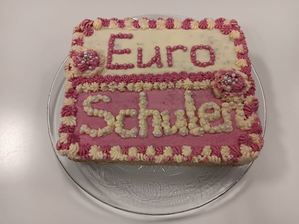 Rechteckige, selbst gebackene Torte eines Teilnehmenden des Förderzentrums der Euro-Schulen Ostwestfalen-Lippe auf einer Glasplatte. Die Torte ist mit rosa und weißer Buttercreme verziert und trägt den kunstvoll aufgespritzten Schriftzug Euro Schulen. Dekorative Blüten und Perlen aus Zuckerdekor schmücken den Rand. Die Torte wurde als Dankeschön für die intensive Unterstützung durch die Mitarbeitenden überreicht.