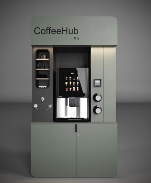 Ein zweiteiliger Schrank in grauer Farbe und der Aufschrift CoffeeHub, rechts ist eine Öffnung mit Kaffeebechern, in der Mitte steht eine Kaffeemaschine und links sind Fächer für Milch und Zucker.