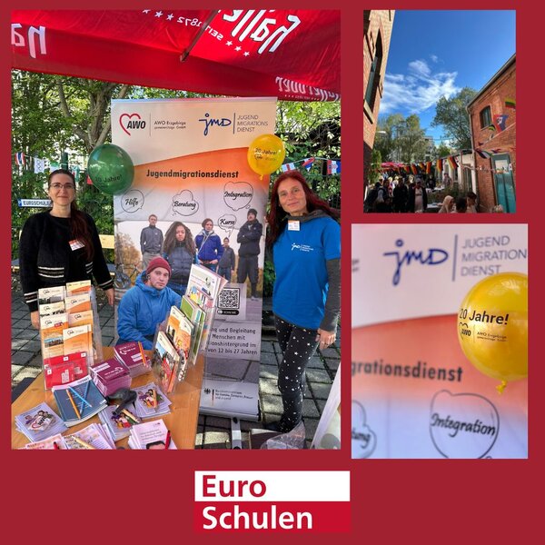 Collage vom Stand des Jugendmigrationsdienstes der AWO : Zwei Frauen am Infotisch vor dem Roll-up, Blick auf den Schulhof, Nahaufnahme vom Roll-up und Luftballon mit Aufschrift "AWO 20 Jahre!". Ganz unten das Logo der Euro-Schulen.
