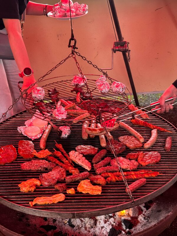 Auf einem Schwenkgrill liegen verschiedene Fleischspezialitäten wie Grillsteaks, Würstchen, Grillfackeln, Putensteaks, aber auch Grillkäse und Kartoffeln in Alufolie. Eine Person ist gerade dabei, die Folienkartoffeln auf den Grill zu legen, während eine andere die Würstchen wendet.