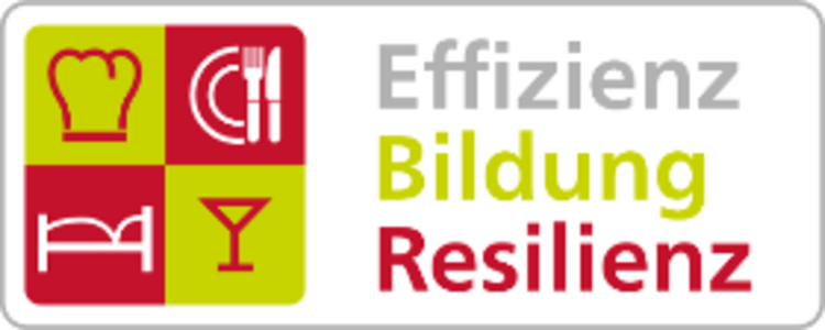 Zu sehen ist ein Viereck, welches in vier weitere Vierecke eingeteilt ist. Zwei der Vierecke sind rot und haben einen weißen Teller und ein weißes Bett abgebildet. Die anderen beiden Vierecke sind hellgrün und haben eine rote Kochmütze und ein rotes Cocktailglas. Rechts neben dem großen Viereck steht das Wort "Effizienz" in grau, "Bildung" in hellgrün und " Resilienz" in rot.