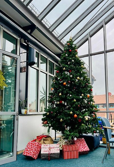 Gemeinsam auf Weihnachten freuen Ein hoher Weihnachtsbaum mit bunten Kugeln und Lichterkette steht in einem Bereich eines Gebäudes, der wie ein Wintergarten aussieht. Vor dem Baum liegen Geschenke. Es ist noch ein Bürostuhl zu sehen.