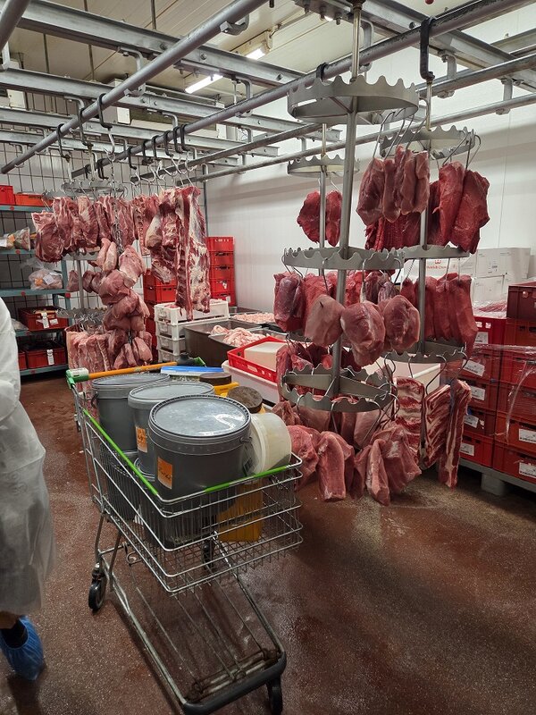 Blick in die Fleischerei des Globus-Marktes in Hoyerswerda, in dem verschiedene Fleischwaren an Haken von der Decke hängen.