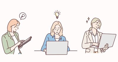 Drei illustrierte Frauen arbeiten. Zwei am Laptop, eine andere hält ein Tablet in der Hand. Alle lächeln und sind offensichtlich zufrieden mit ihrer Arbeit. 