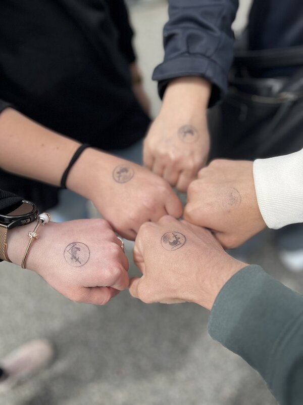 Mehrere Hände mit einer Faust geballt bilden einen Kreis zueinander und haben auf der Oberfläche eine Robbe aufgemalt.