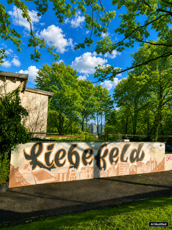Sonniger Park mit dichtem Grün und einer bemalten Mauer mit dem Schriftzug „Liebefeld“ vor blauem Himmel mit weißen Wolken.