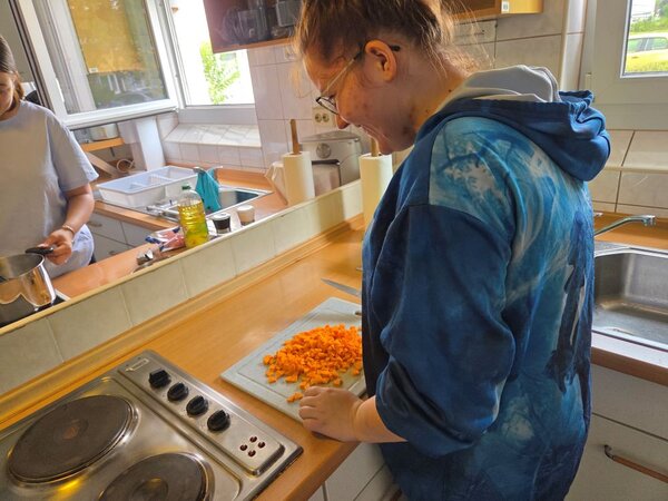 Eine Auszubildende steht an einem Herd in einer Schulküche und schneidet mit einem Messer Karotten in kleine Stücke. Im Hintergrund sind eine offene Fensterfront, Haushaltsgeräte, Zutaten und eine weitere Auszubildende am Herd zu sehen. Die Szene wirkt ruhig und fokussiert.