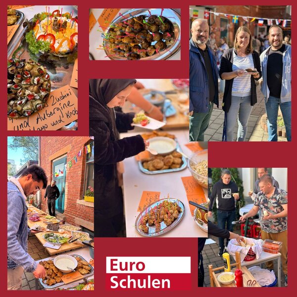 Collage mit unterschiedlichen Fotos vom Buffet: Gemüse sowie mehrere Personen, die sich am Buffet bedienen oder mit Essen in der Hand in die Kamera blicken. Ganz unten das Logo der Euro-Schulen.