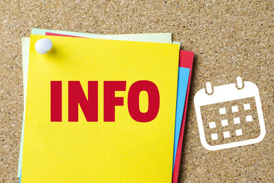 Die Aufschrift "Info" in großen roten Lettern steht auf einem gelben Zettel, der mit andern bunten Zetteln auf einer Pinnwand angepinnt ist. Daneben ist eine Grafik zu sehen, die einen Kalender symbolisieren soll.