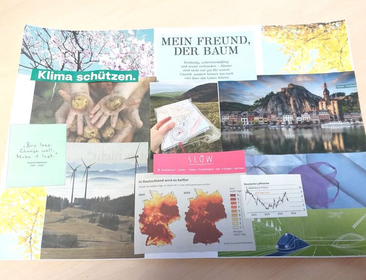 Ein Vision Board in Form einer Collage mit dem Titel "Mein Freund, der Baum" in der Mitte, umgeben von verschiedenen Bildern und Texten zum Thema Nachhaltigkeit und Klimaschutz.