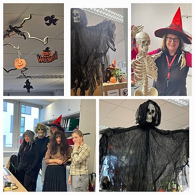 Das Bild zeigt Ausschnitte aus gruselig dekorierten Klassenzimmer mit Schüler*innen und Mitarbeitenden in Halloweenkostümen.