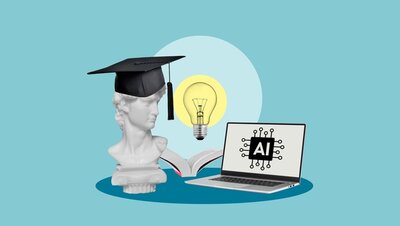 Eine weiße Büste mit Doktorhut steht im Vordergrund. Daneben liegen ein aufgeschlagenes Buch und ein Laptop mit der Aufschrift 'AI' und einem stilisierten Schaltkreis. Im Hintergrund leuchtet eine Glühbirne auf blauem Grund.