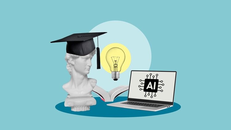 Eine weiße Büste mit Doktorhut steht im Vordergrund. Daneben liegen ein aufgeschlagenes Buch und ein Laptop mit der Aufschrift 'AI' und einem stilisierten Schaltkreis. Im Hintergrund leuchtet eine Glühbirne auf blauem Grund.
