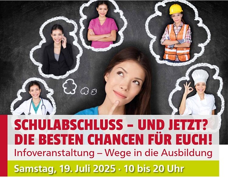 In der Mitte eine Frau mit braunen Haaren, die sich mit dem Zeigefinger an den Mund tippt, schräg nach oben schaut und sich Gedanken macht über ihren zukünftigen Beruf. Über ihr fünf Gedankenblasen, in denen sie selbst in unterschiedlichen Berufen imaginiert, unter anderem als Ärztin mit weißem Kittel und Stethoskop, als Managerin in schwarzem Blazer, als Pflegefachkraft in pinkem Kittel, als Bauarbeiterin oder Architektin mit gelbem Sicherheitshelm und Warnweste und als Köchin mit großem Kochhut auf den Kopf. 