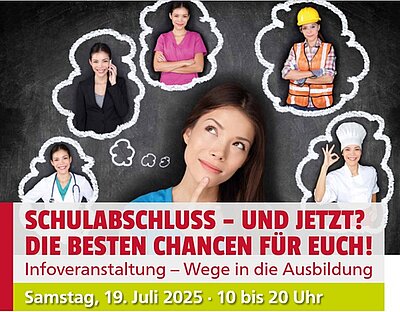 In der Mitte eine Frau mit braunen Haaren, die sich mit dem Zeigefinger an den Mund tippt, schräg nach oben schaut und sich Gedanken macht über ihren zukünftigen Beruf. Über ihr fünf Gedankenblasen, in denen sie selbst in unterschiedlichen Berufen imaginiert, unter anderem als Ärztin mit weißem Kittel und Stethoskop, als Managerin in schwarzem Blazer, als Pflegefachkraft in pinkem Kittel, als Bauarbeiterin oder Architektin mit gelbem Sicherheitshelm und Warnweste und als Köchin mit großem Kochhut auf den Kopf. 
