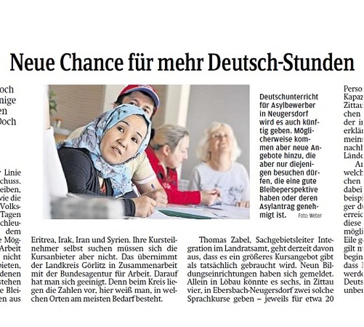 Zittauer Zeitung berichtet über Deutschkurse für Flüchtlinge Zittauer Zeitung berichtet über Deutschkurse für Flüchtlinge