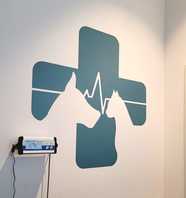Wandgestaltung in einer Tierarztpraxis mit einem großen blauen Kreuz, in das die Silhouetten eines Hundes und einer Katze sowie eine Herzschlaglinie integriert sind.