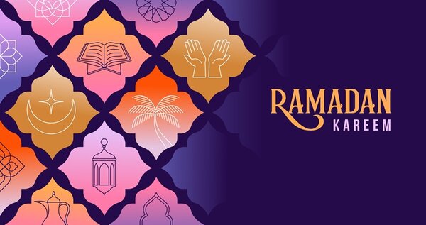 Mehrfarbige Grafik mit ornamentalen Kachelformen, die jeweils ein goldfarbenes Symbol zeigen: ein aufgeschlagenes Buch, zwei erhobene Hände, eine Mondsichel mit Stern, eine Palme, eine Laterne und weitere abstrakte Motive. Rechts steht in großen goldenen Buchstaben 'RAMADAN KAREEM' auf dunkelblauem Hintergrund. Die Farbverläufe reichen von Lila über Rosa bis Orange.