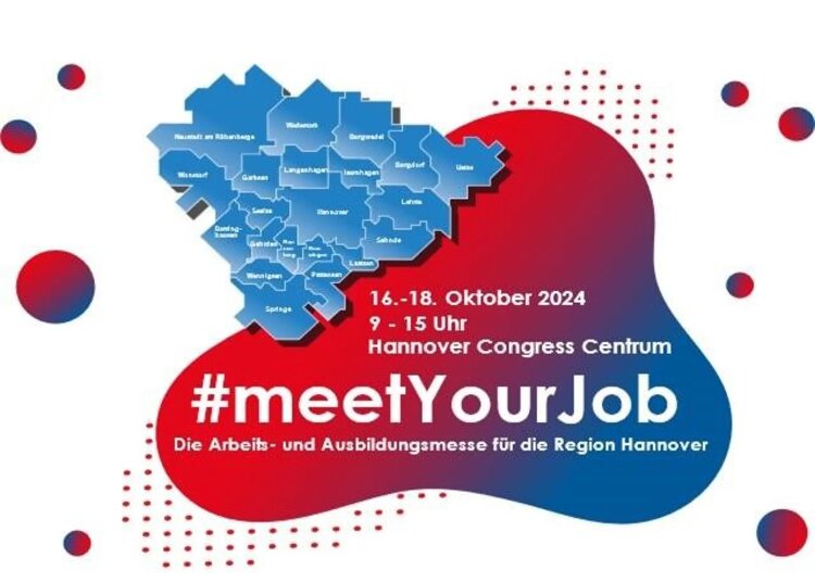 Ein blau-roter Tintenfleck auf dem in weißen Buchstaben 'meetYouJob steht und das Datum der Messe. Links darüber ist eine Karte aller Landkreise und Städte, die mitmachen.
