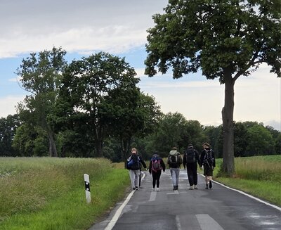 Fünf junge Menschen wandern mit Rucksäcken auf einer nassen Landstraße durch eine grüne, von Bäumen und Feldern geprägte Landschaft.