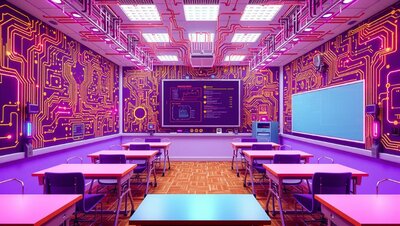 Ein KI-generiertes Bild von einem modernen Klassenzimmer mit neonfarbenen digitalen Schaltkreisen an den Wänden und Decken, ausgestattet mit interaktiven Bildschirmen und Tischen, die eine technologisch fortschrittliche Lernumgebung schaffen.