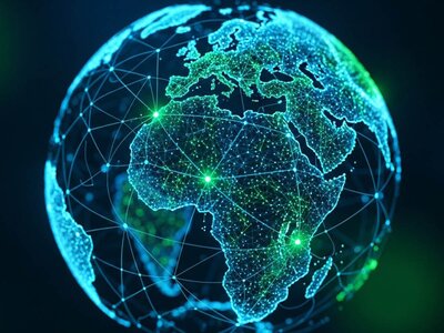 Stilisierte digitale Darstellung der Erde, die von einem leuchtenden Netzwerk aus grünen und blauen Linien und Punkten überzogen ist. Das Netzwerk symbolisiert globale Vernetzung und digitale Kommunikation.