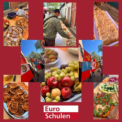 Collage mit unterschiedlichen Fotos vom Buffet: Teigwaren, Gemüse, Obst sowie einem Mann, der sich eine Speise auf den Teller legt. Außerdem eine Girlande mit internationalen Flaggen. Ganz unten das Logo der Euro-Schulen.