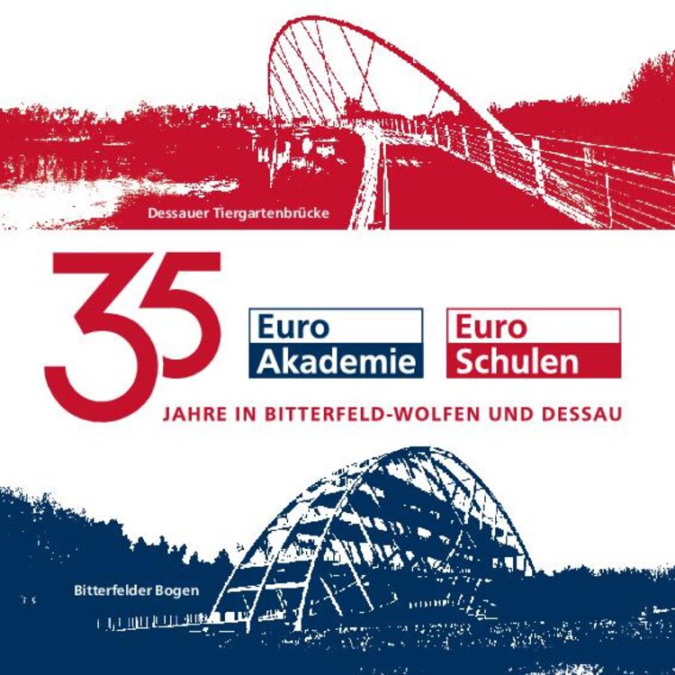 Logo zum 35. Jubiläum der Euro-Schulen und Euro Akademie Bitterfeld-Wolfen und Dessau mit Grafiken des Bitterfelder Bogens und der Tiergartenbrücke in Dessau.
