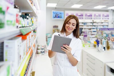 Eine professionelle Apothekerin in einem weißen Laborkittel verwendet eine digitale Tablette, um Inventar und Rezepte zu verwalten, während sie in einem hellen, modernen Apothekengeschäft unter den Regalen der Medizin steht.