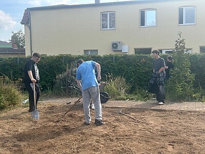 Vier Teilnehmende harken und pflügen auf der Wiese im Garten die Erde um.