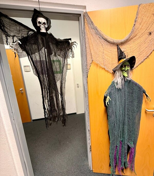 Zwei große Halloween-Dekorationen hängen an einer geöffneten Holztür und dem Türrahmen. Links schwebt eine Skelettfigur mit schwarzem Umhang und ausgestreckten Armen, rechts hängt eine Hexenfigur mit grünem Gesicht, spitzem Hut und grauem Gewand. Über der Tür ist ein grobes Netz gespannt. Der Hintergrund zeigt einen Flur mit grauem Teppichboden und weißen Wänden.