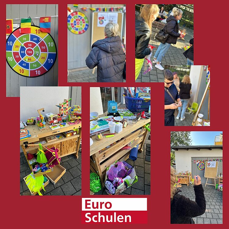 Collage von der Spielecke: Wie verschiedene Frauen auf ein Klett-Dartboard zielen, Stand mit unterschiedlichem Holzspielzeug. Ganz unten das Logo der Euro-Schulen.