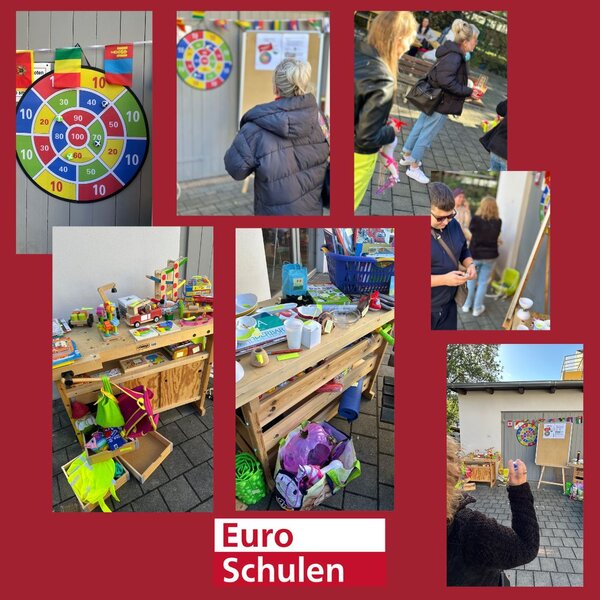 Collage von der Spielecke: Wie verschiedene Frauen auf ein Klett-Dartboard zielen, Stand mit unterschiedlichem Holzspielzeug. Ganz unten das Logo der Euro-Schulen.