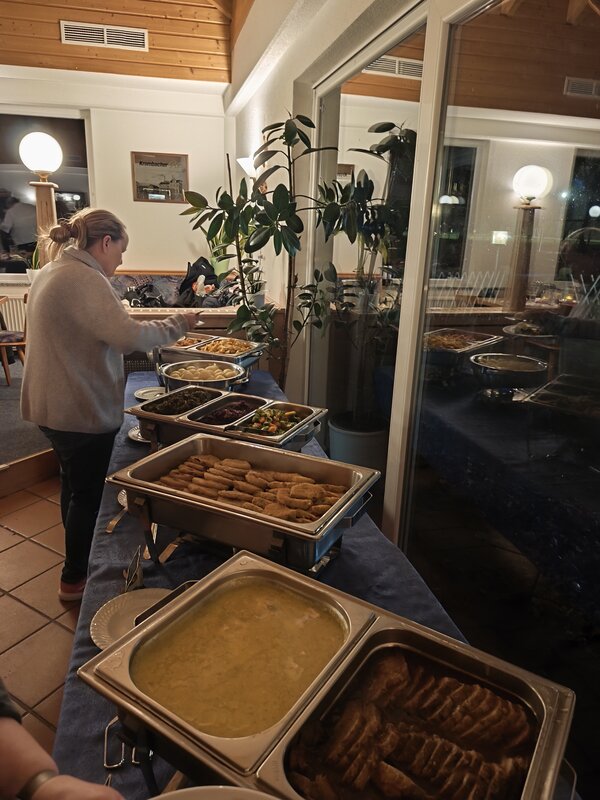 Warmes Buffet: Chafing Dishes mit verschiedenen Speisen, Gemüse und Soßen; eine Frau bedient sich, große Fenster und Pflanzen daneben.