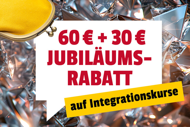 Auf einem diamantenen Hintergrund ist eine weiße Sprechblase mit der roten Aufschrift "60€ + 30€ Jubiläumsrabatt"; in der oberen linken Ecke ist ein goldener Geldbeutel zu sehen.