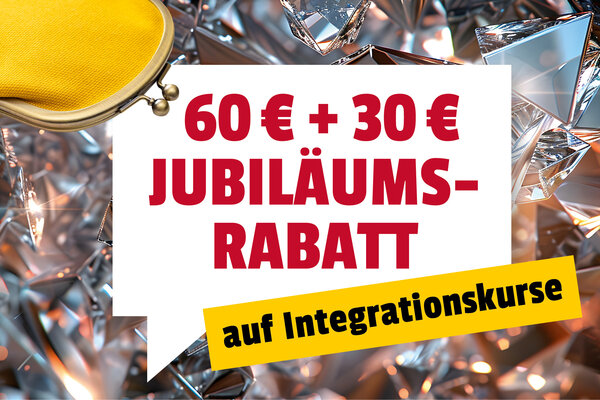 Auf einem diamantenen Hintergrund ist eine weiße Sprechblase mit der roten Aufschrift "60€ + 30€ Jubiläumsrabatt"; in der oberen linken Ecke ist ein goldener Geldbeutel zu sehen.